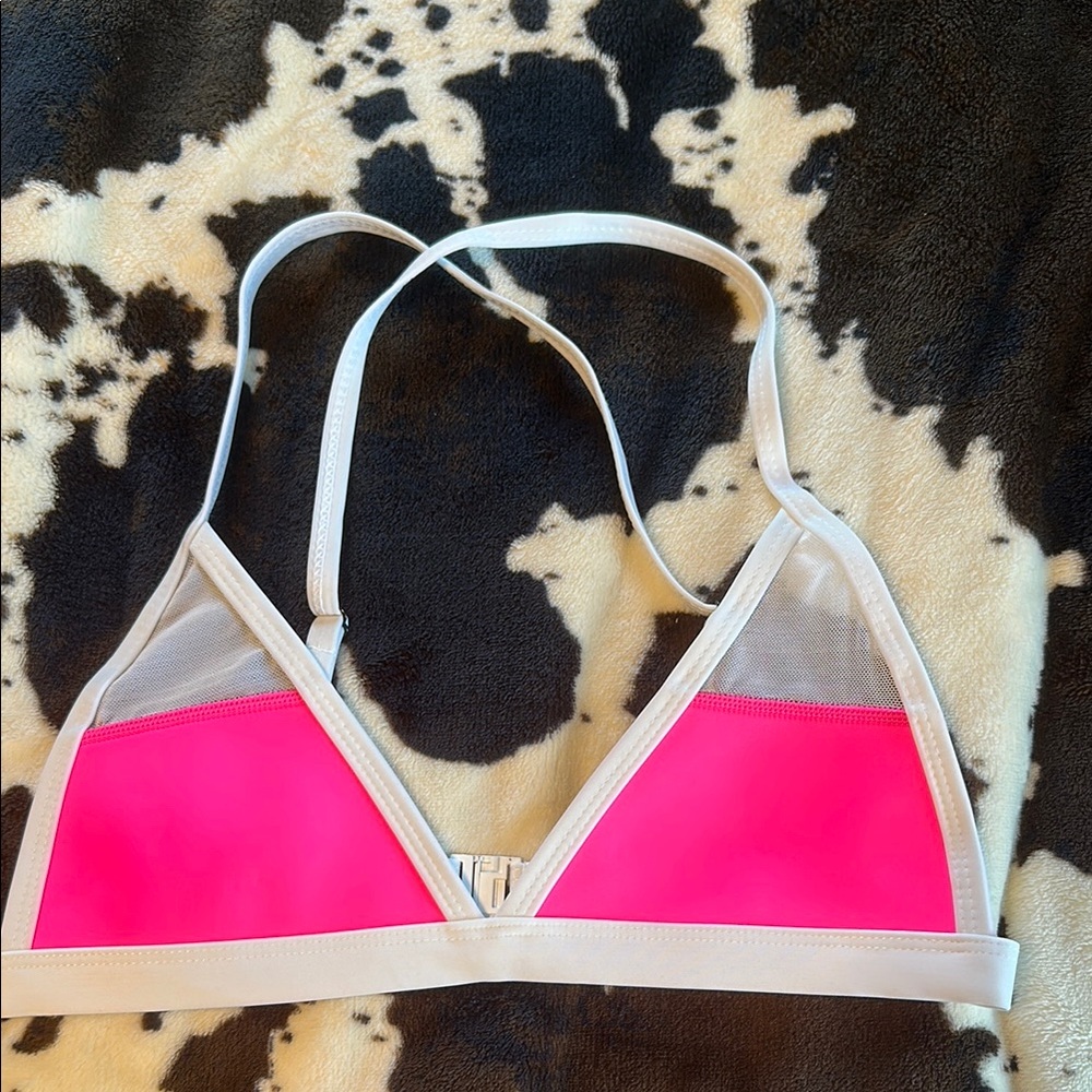 Hoaka Pink and White Color-Block swim top with Adjustable Straps